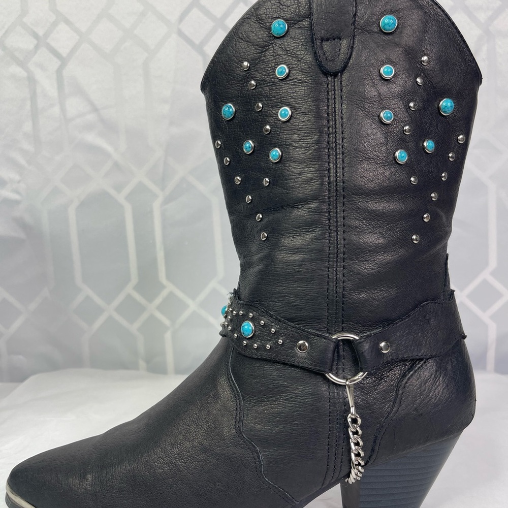 Dingo Black Leather Studded Turquoise Harness Western Cowboy Boots Women’s 10M - Picture 8 of 15